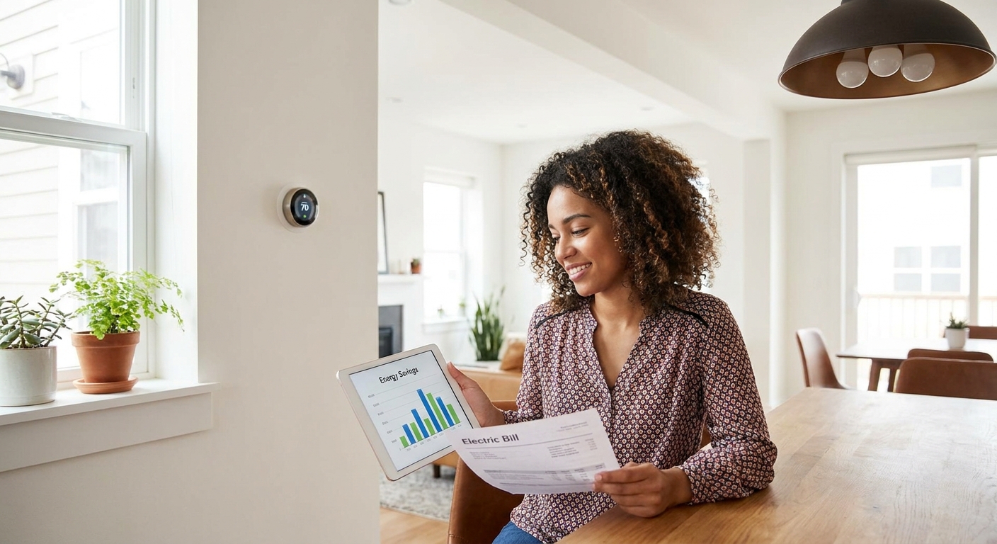 A diverse young professional reviewing an electricity bill and finding savings in a cozy apartment